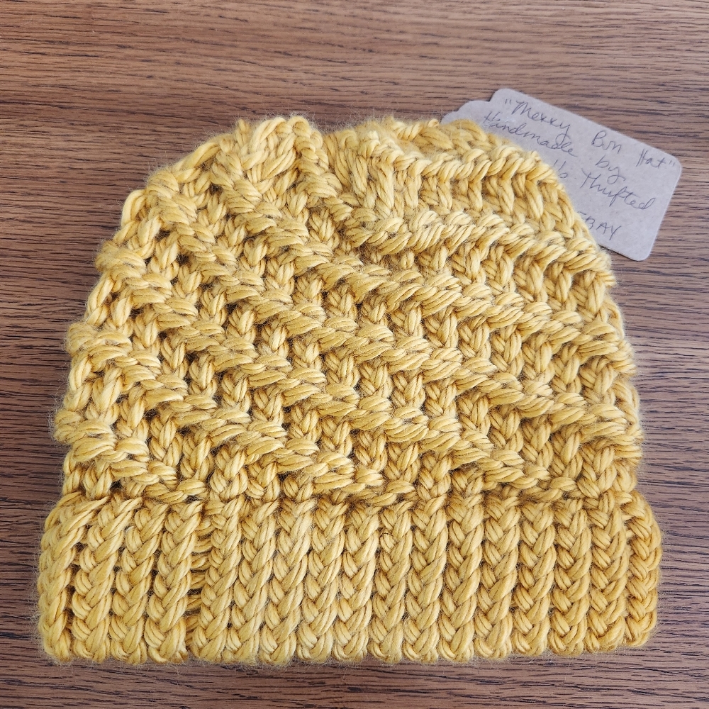 Hand Made Women's Spiral Knit Messy Bun Pony Tail Beanie in Golden Yellow